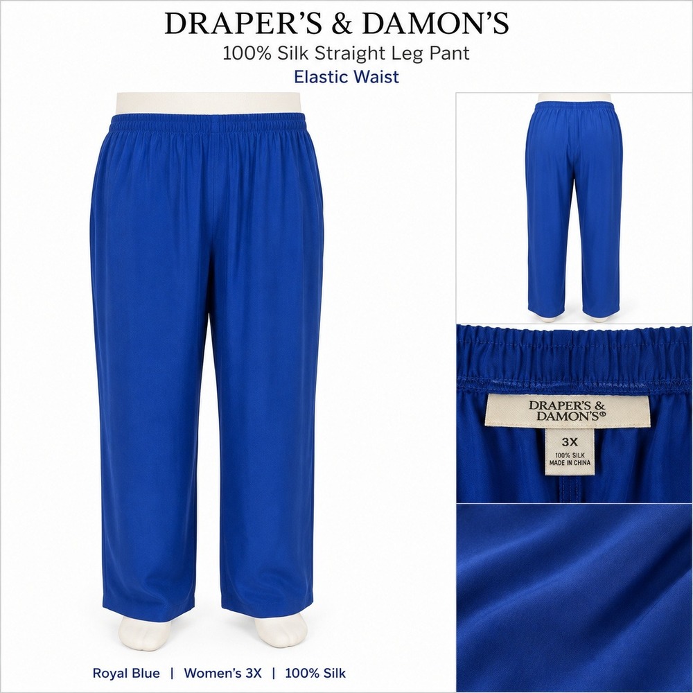 Drapers & Damons Royal Blue 100% Silk Straight Leg Elastic Waist Pants Womens 3X